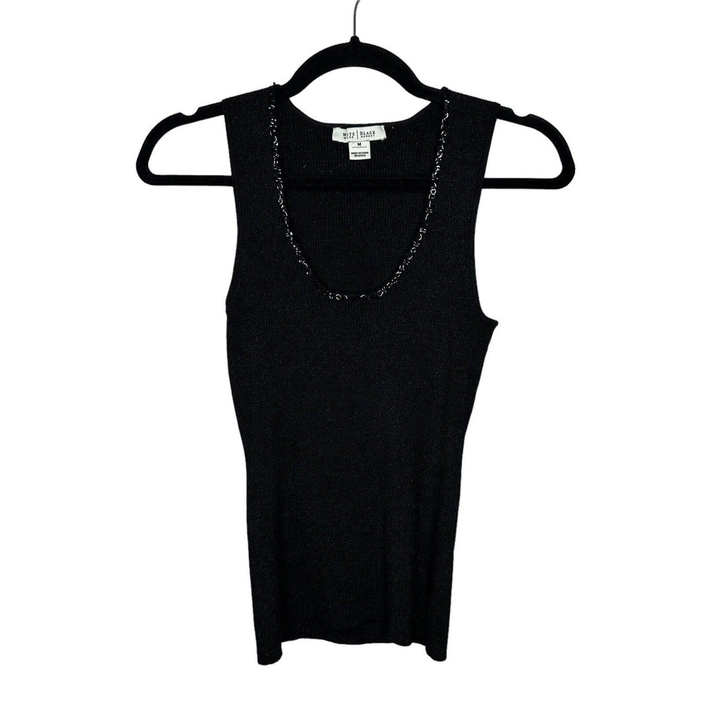 White House Black Market Womens Black Ribbed Beaded Collar Tank Size Medium